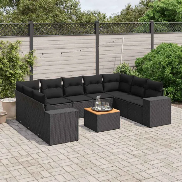 vidaXL 10-delige Loungeset met kussens poly rattan zwart, foto 2