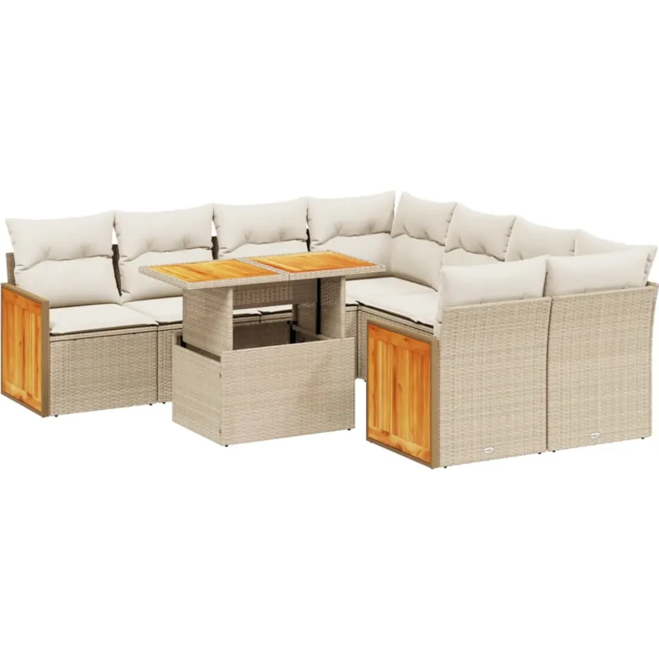 vidaXL 9-delige Loungeset met kussens poly rattan beige