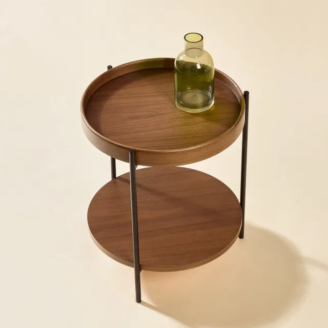 MODFU Salontafel – Ø69x38 cm – 2-Laags Ontwerp met Opbergruimte – Modern & Industrieel – Hout en MDF met IJzeren Frame – Walnoot & Zwart – Ronde Salontafel voor Woonkamer – Ook als Set van 2 verkrijgbaar Okkernoot