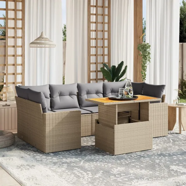 vidaXL 7-delige Loungeset met kussens poly rattan beige, foto 2