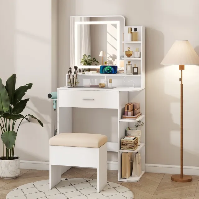 Puluomis Kaptafel - Make-uptafel - Kaptafel met spiegel en ledverlichting - Make-upstoel - 1 grote lade - Oplaadstation - Föhnhouder - Open schappen - Wit