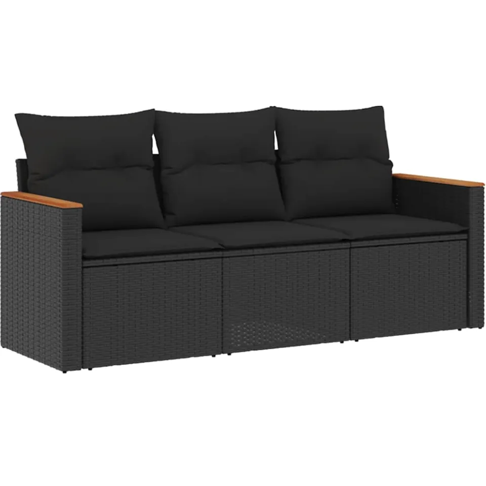vidaXL 3-delige Loungeset met kussens poly rattan zwart, foto 3