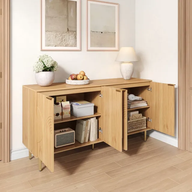 OKWISH Dressoir – Natuurlijke Houtnerf Met Gouden Accenten – 140x40x72 cm – 4 Deuren – Verstelbare Planken – MDF Lichtbruin – Metalen Poten