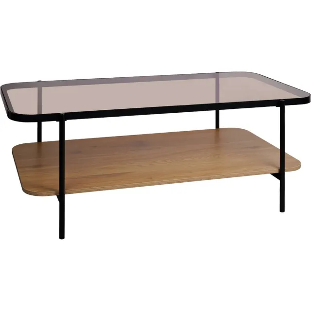 sweeek Vintage salontafel in zwart metaal met 2 bladen (glas en houtdecor), afgeronde randen Naturel