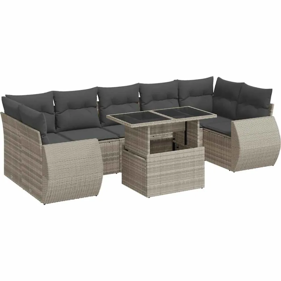 vidaXL 8-delige Loungeset met kussens poly rattan lichtgrijs grijs, foto 3