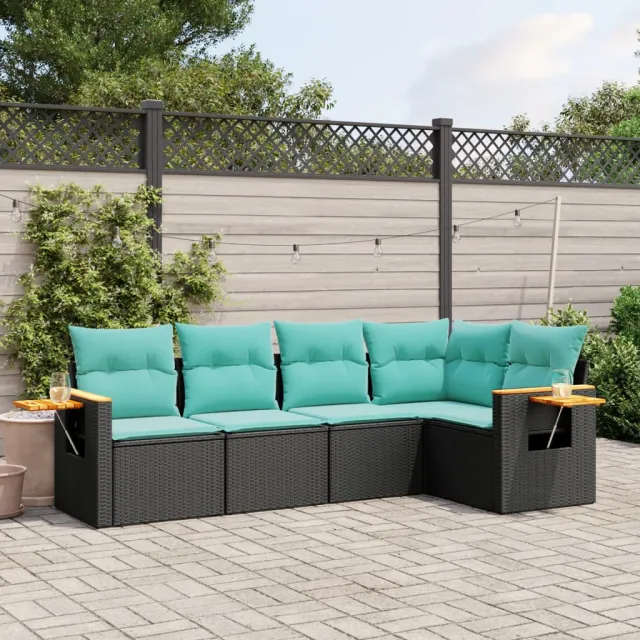 vidaXL 5-delige Loungeset met kussens poly rattan zwart, foto 2