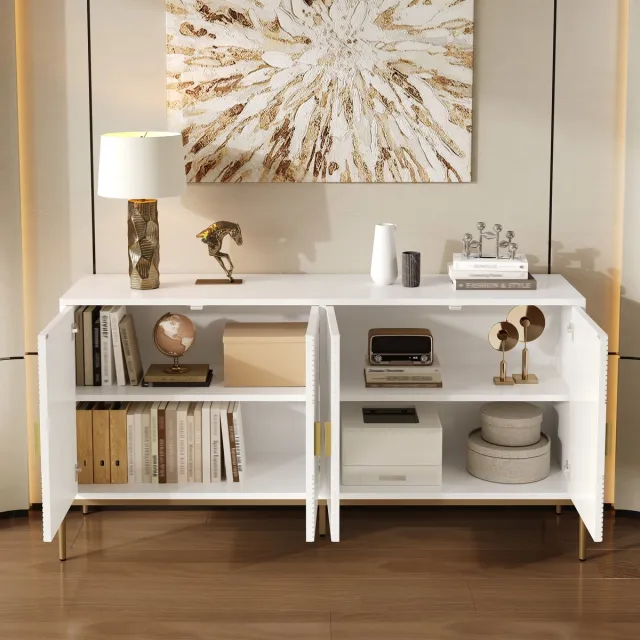 REDOM Dressoir - 4-Deurs - Geometrisch Reliëf - Mid-Century-Stijl - MDF - Wit - 162 X 40 X 80 Cm