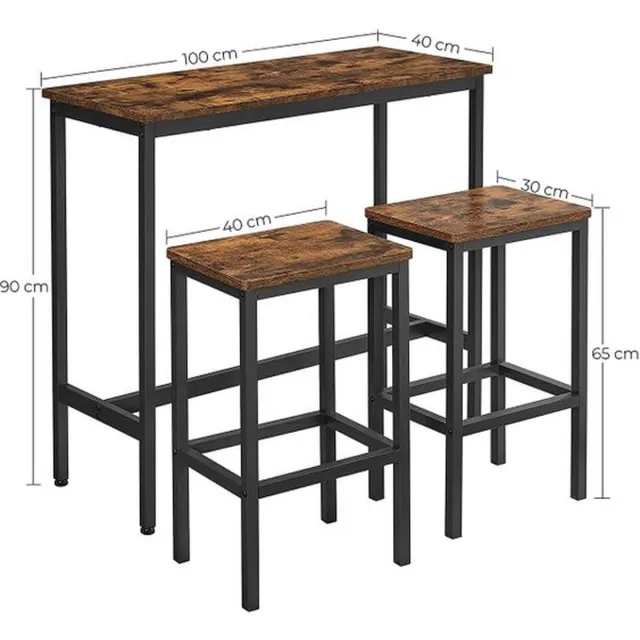 Hoppa! eetset, bartafelset, hoge tafel (100 x 40 x 90 cm) met 2 barkrukken (elk 30 x 40 x 65 cm), metalen frame, industrieel ontwerp, voor eetkamer, woonkamer, vintage bruin-zwart