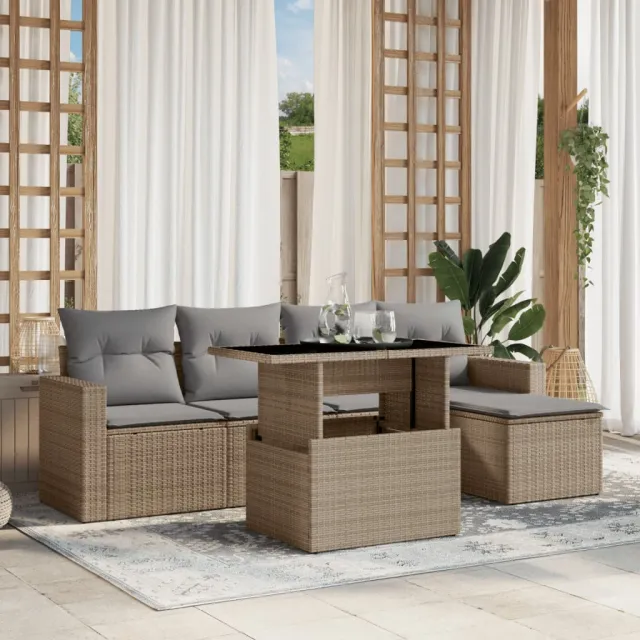 vidaXL 6-delige Loungeset met kussens poly rattan beige, foto 2