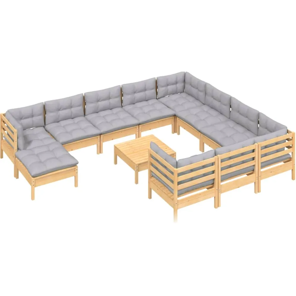 vidaXL 12-delige Loungeset met grijze kussens grenenhout Grijs