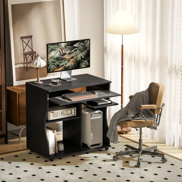 HAUSS SPOLE Bureau - Compact Bureau Met Wielen En Toetsenbordplank - Met Opbergruimte Voor Werkkamer - Spaanplaat - 80x48x75 Cm - Zwart Black