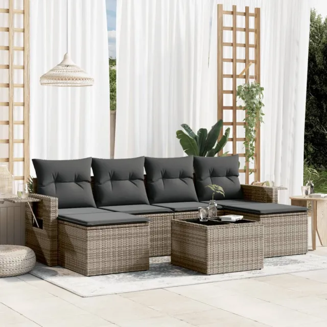vidaXL 7-delige Loungeset met kussens poly rattan grijs, foto 2