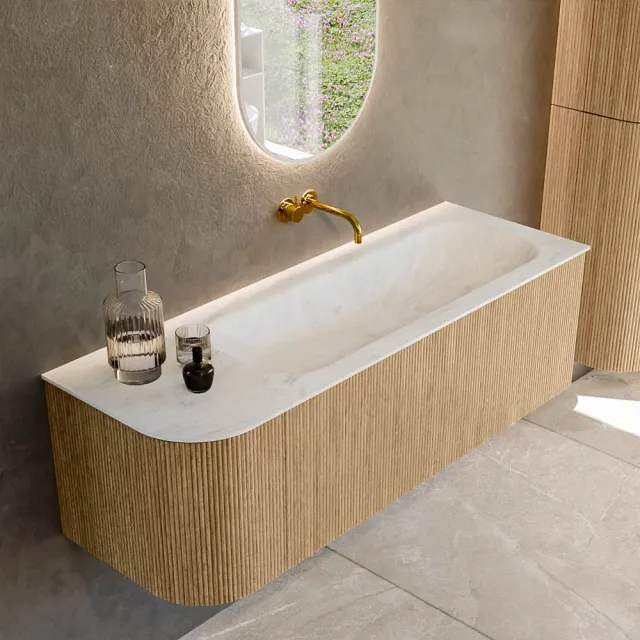 Mondiaz KURVE-DLUX 135 cm Onderkast Greeploos 1 Lade Met Deuren Oak, Wastafel Solid Surface Rechts Opalo 0 Kraangaten Zonder Spiegel (KRVBGM135L1L1D0KR-Oak/Opa)