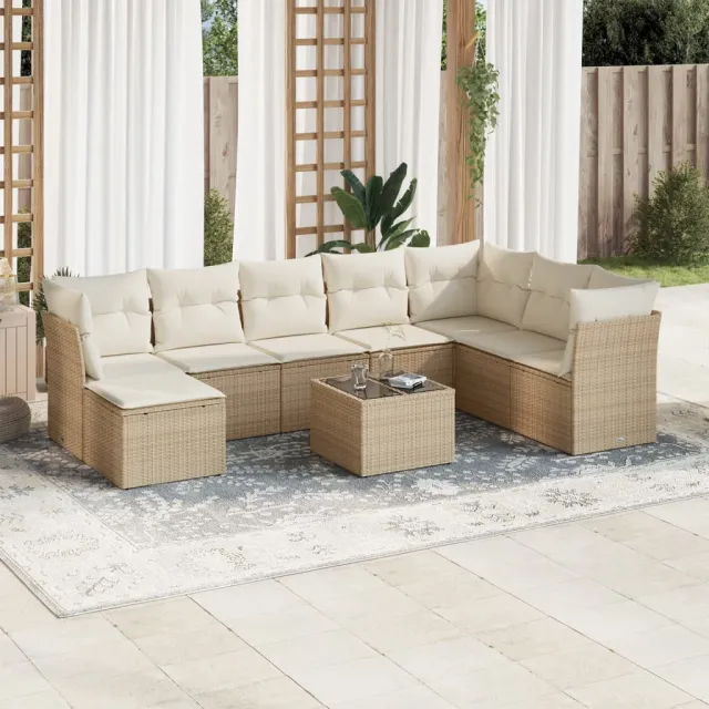 vidaXL 9-delige Loungeset met kussens poly rattan beige, foto 2