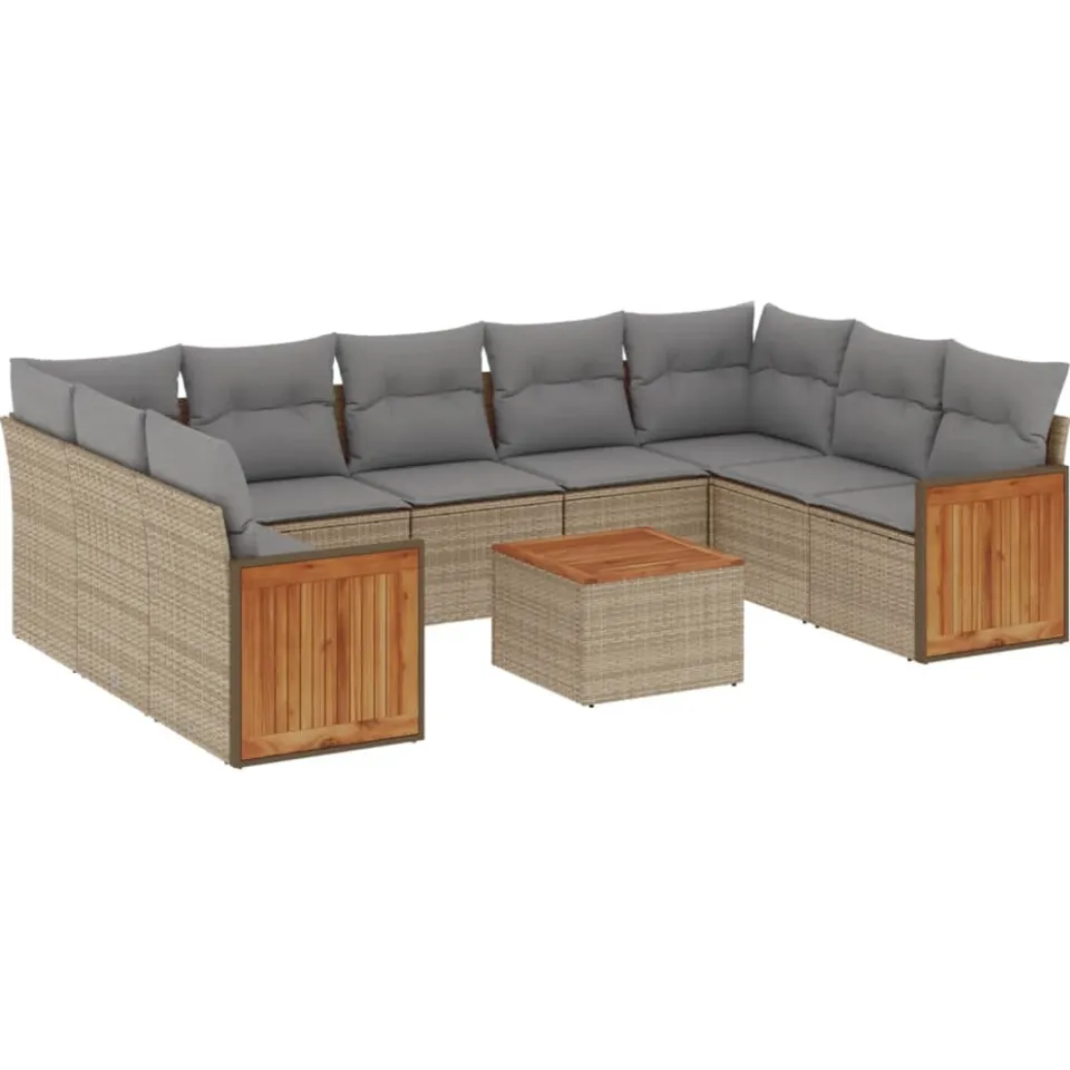 vidaXL 10-delige Loungeset met kussens poly rattan beige, foto 3