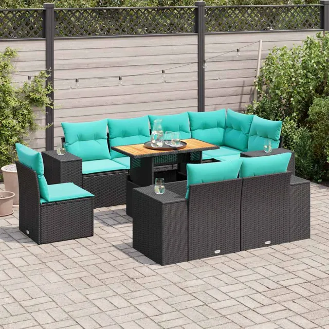 vidaXL 9-delige Loungeset met kussens poly rattan zwart, foto 2