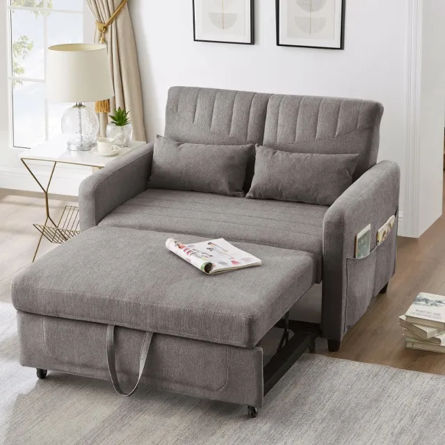 Zubaliya 2-zits uitklapbare slaapsofa met slaapfunctie - voor kleine ruimtes - 2 personen - diverse kleuren - 3-traps verstelbare rugleuning - ademende katoen-linnen stof - stevig frame met wieltjes - incl. 2 kussens Grijs