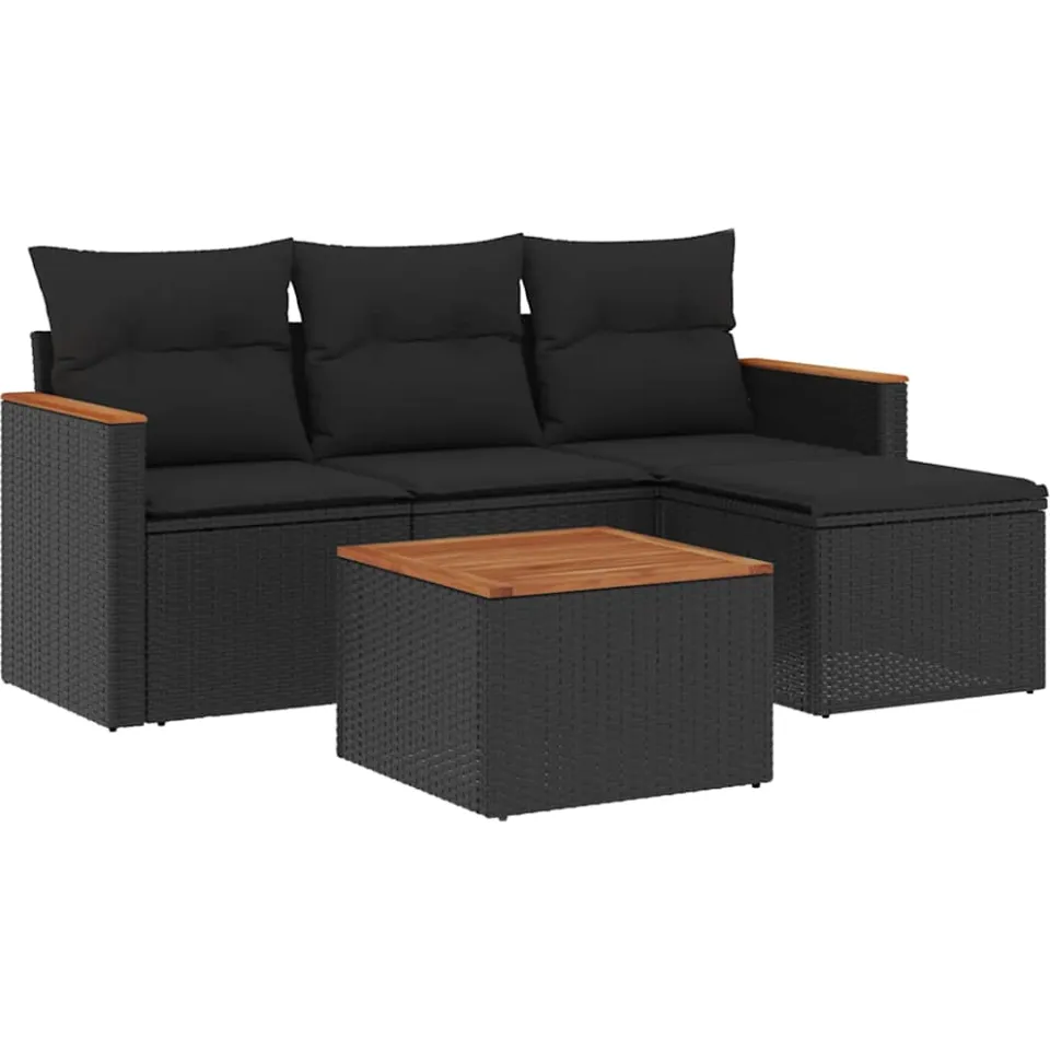 vidaXL 5-delige Loungeset met kussens poly rattan zwart