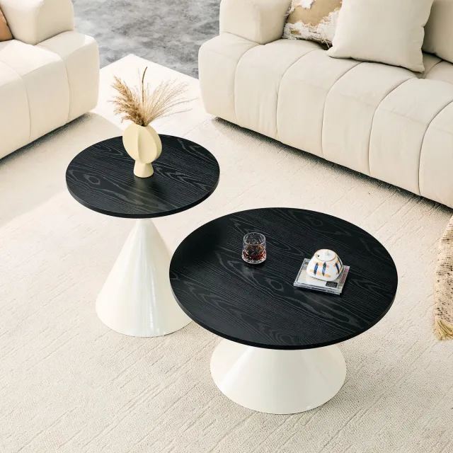 Ropilly Salontafel set van 2 - Nestbare bijzettafels - Ronde salontafel 70cm - Zwart/Crème