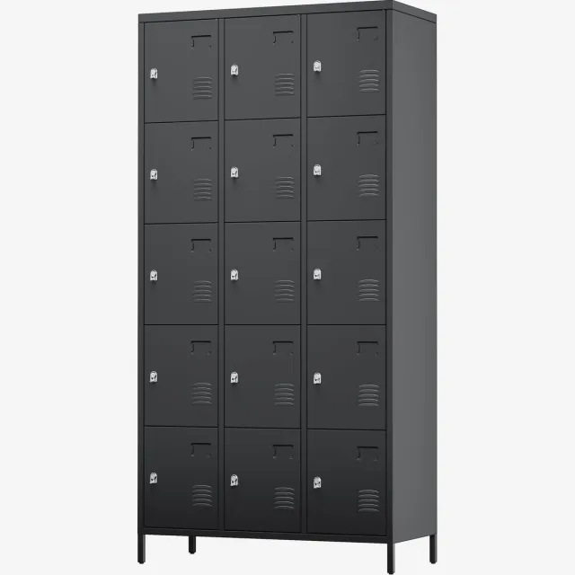 HOERFURIY Metalen Opbergkast met 15 Vergrendelbare Deuren 90x40x182 cm - Robuuste Kluisjeskast met Naamplaatjes - Ventilatiegleuven en Vochtwerende Poten - Voor Hal Kantoor School Sportschool of Garage Zwart