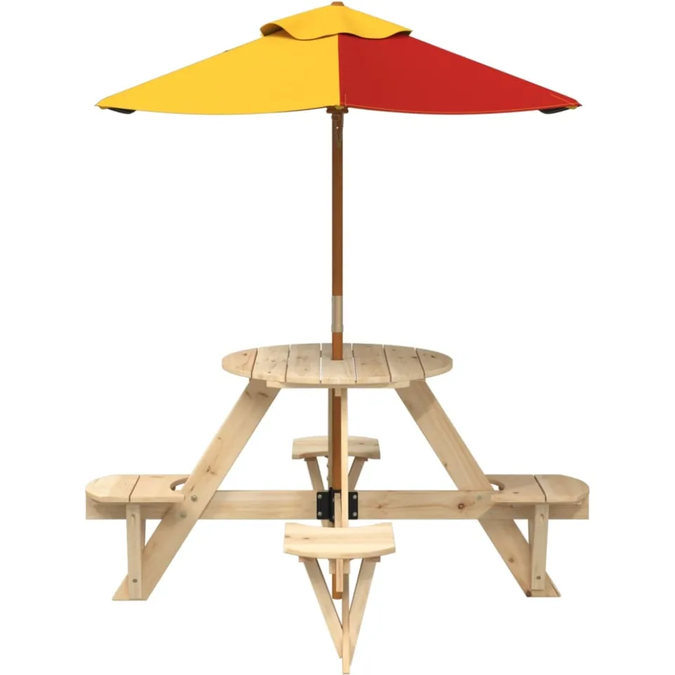 vidaXL Picknicktafel voor 4 kinderen met parasol rond vurenhout Bruin