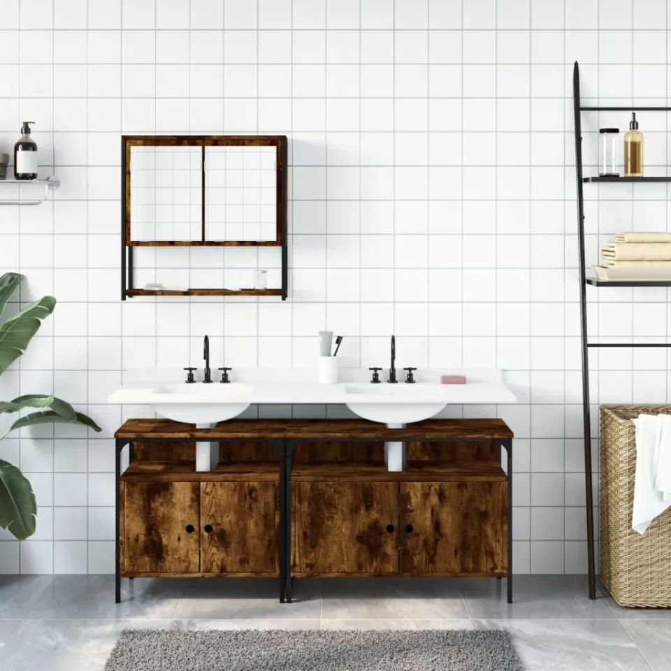 vidaXL 3-delige Badkamermeubelset bewerkt hout gerookt eikenkleurig, foto 3