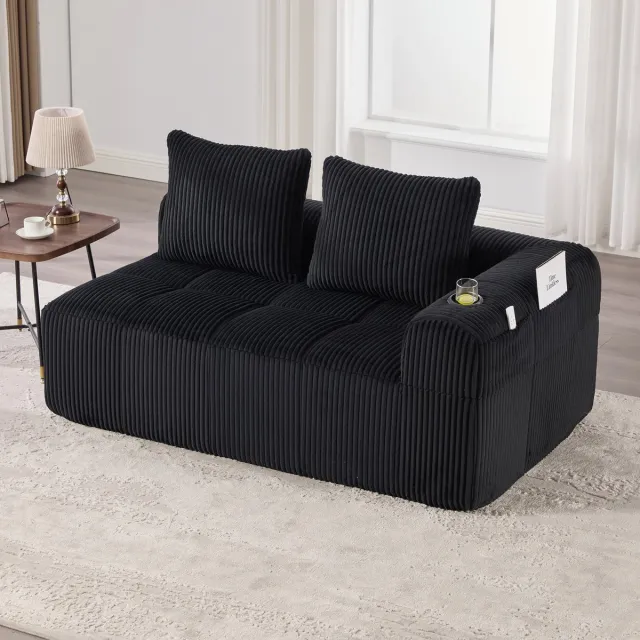 MODFU Tweezitsbank - Met Zijvakken En Bekerhouders - Klassiek - Voor Woonkamer - Cordstof - Zwart - 158 x 93 x 61 cm