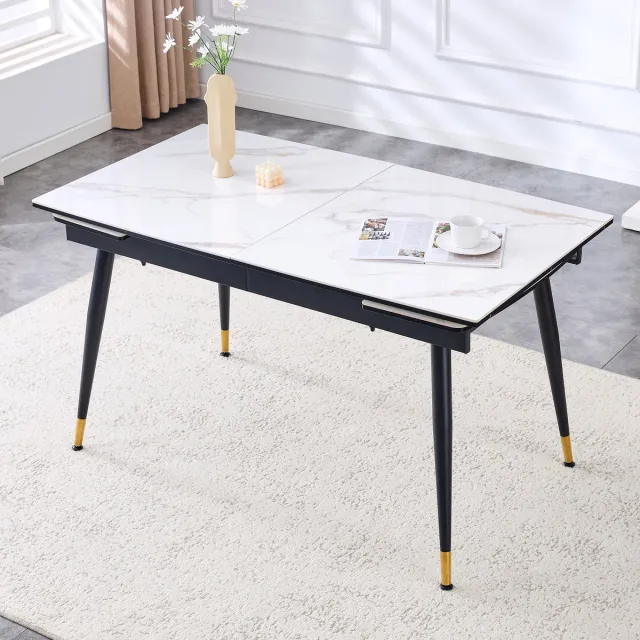 FloraGrace Eettafel - Uitschuifbaar Met Keramisch Tafelblad En Marmerlook - Voor Eetkamer En Multifunctioneel Gebruik - Metaal - 140-200x80x76 Cm - Wit Zwart Goud