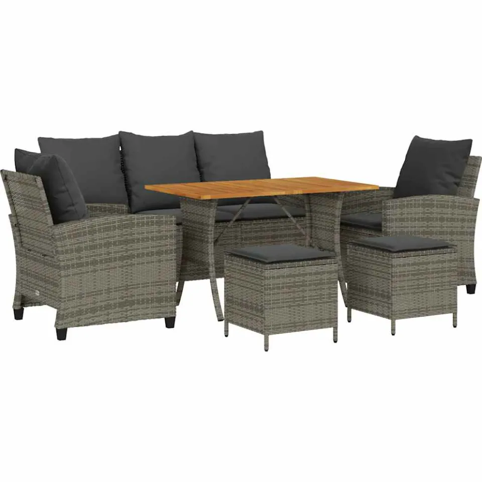 vidaXL 6-delige Loungeset met kussens poly rattan grijs