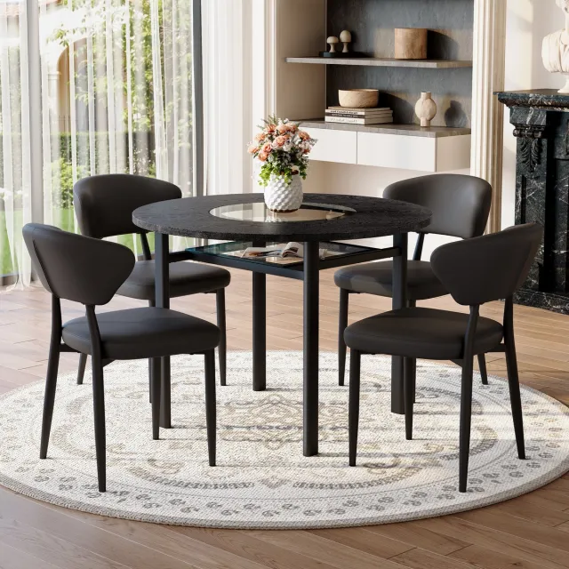 Clruro Eettafelset - Ø100 cm - met 4 Stoelen en Gebogen Rug - MDF/PU - Zwart