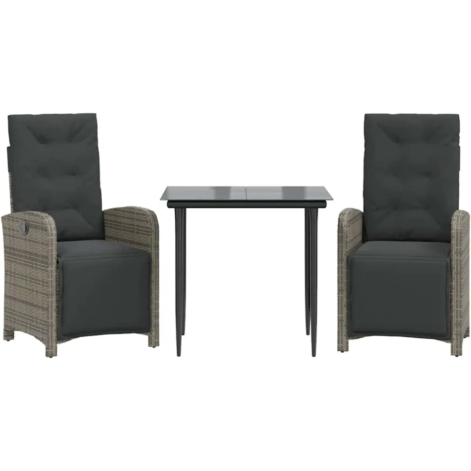 vidaXL 3-delige Bistroset met kussens poly rattan grijs, foto 3