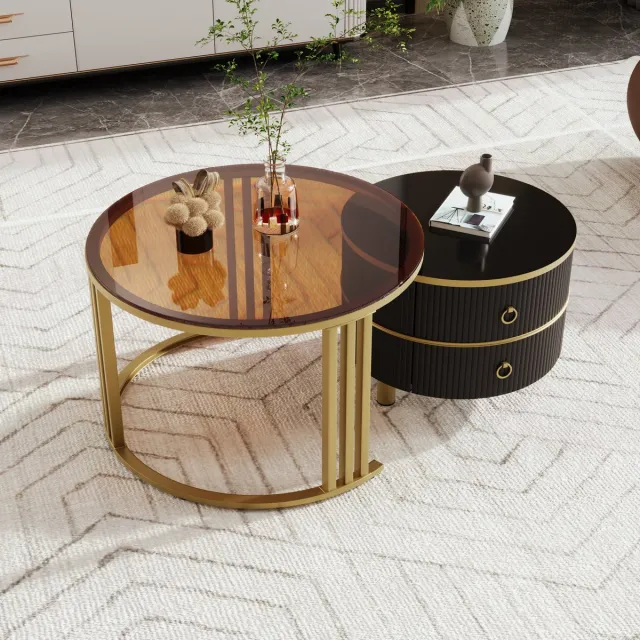 MODENUIT Salontafelset - Ronde Nesttafels Met 2 Laden - Voor Woonkamer En Balkon - Glas En Hout - 70/50 Cm - Zwart Zwart+ Bruin
