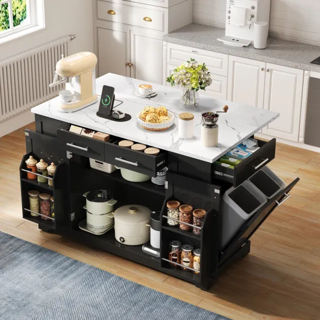 STILVORA Keukenkast - Keukeneiland Met Opklapbaar Werkblad En Stopcontact - Verrijdbaar Voor Koken En Opbergen - MDF - 138x86x92 Cm - Zwart