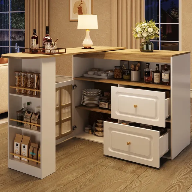 KOMHTOM BLACKCOLORS 360° draaibaar buffet, eenvoudig en modern, geschikt voor de slaapkamer, woonkamer, eetkamer, 2 lades, snackrek, open opbergvak, draaibaar buffet met planken en gebogen glas, wit