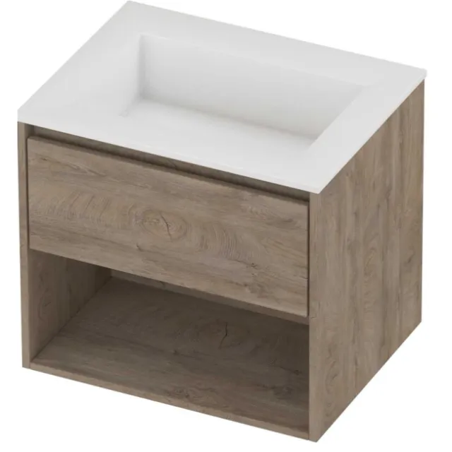 Proline Aristo Badmeubelset Polystone Elegant Schap 60x46x54 cm Glans Wit Raw Oak Eiken