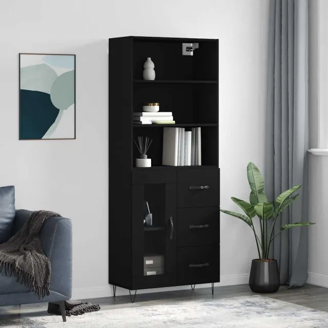 vidaXL Hoge kast 69,5x34x180 cm bewerkt hout zwart, foto 2