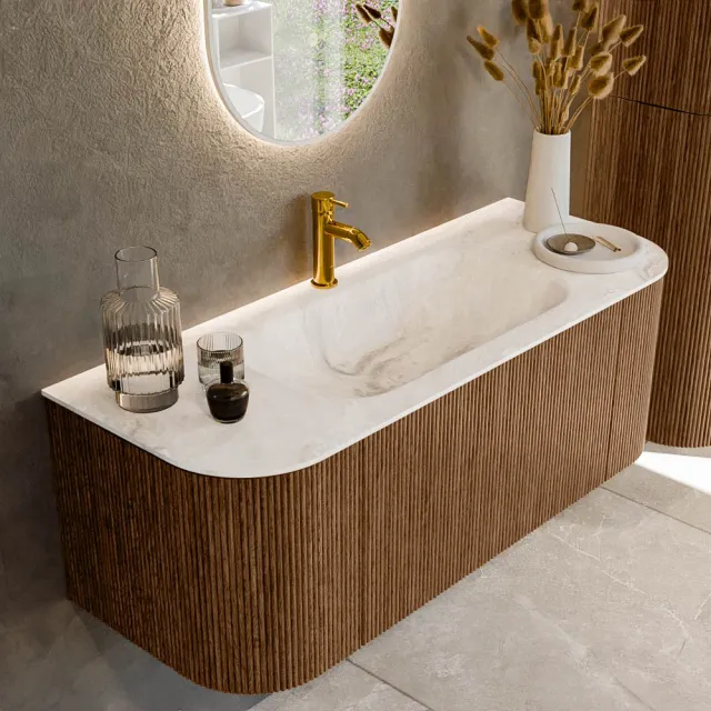 Mondiaz KURVE-DLUX 120 cm Onderkast Greeploos 1 Lade Met Deuren Walnut, Wastafel Solid Surface Midden Frappe 1 Kraangat Zonder Spiegel (KRVBGS120L+R1L2D1KM-Wal/Fra)
