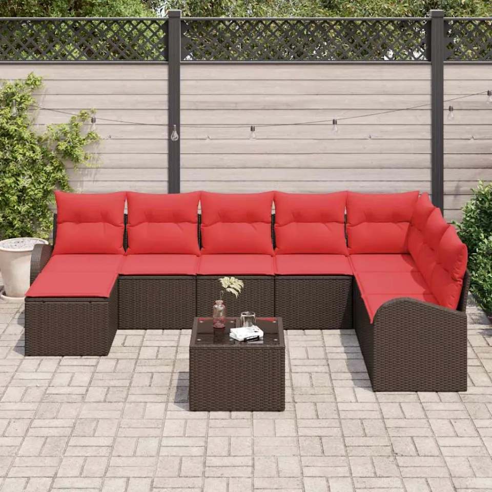 vidaXL Bankstel 9 st Bruin en Rood poly rattan, foto 3