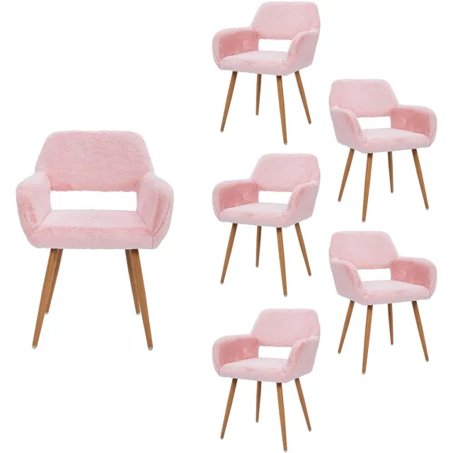 MEUBLE COSY Luxe Eetkamerstoel - Set Van 6 met Teddy Stof en Open Rug - Roze