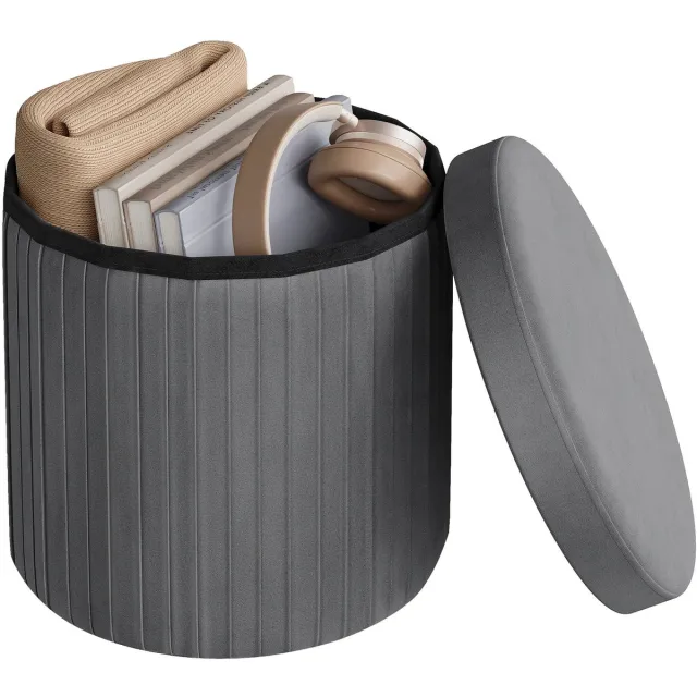 BukkitBow Ronde Velvet Poef met Opbergruimte - Opvouwbaar - Modern Design - Grijs - Maat: