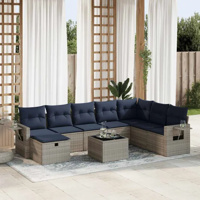 vidaXL 9-delige Loungeset met kussens poly rattan grijs, foto 2