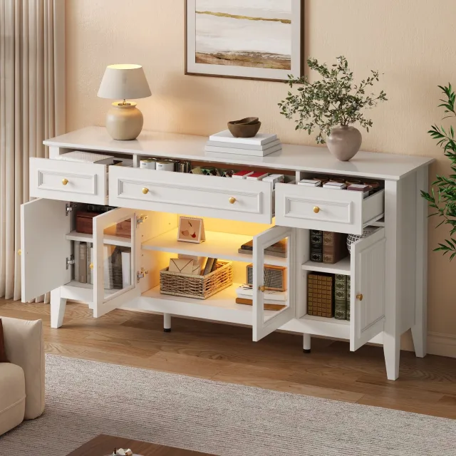 HAUSS SPOLE Dressoir - 3 Lades En 4 Deuren Met Glas En Via App Bedienbare Ledverlichting - Voor Woonkamer En Eetkamer - MDF - Wit - 160x40x78,5 Cm