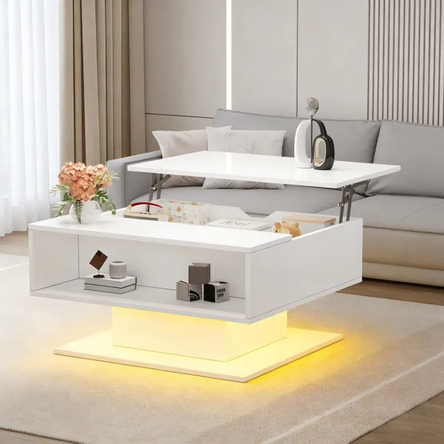 HAUSS SPOLE Salontafel - In Hoogte Verstelbaar Met Hydraulische Lift En Ledstrip - Met Opbergruimte - Hoogglans Wit - 80x75x40 Cm