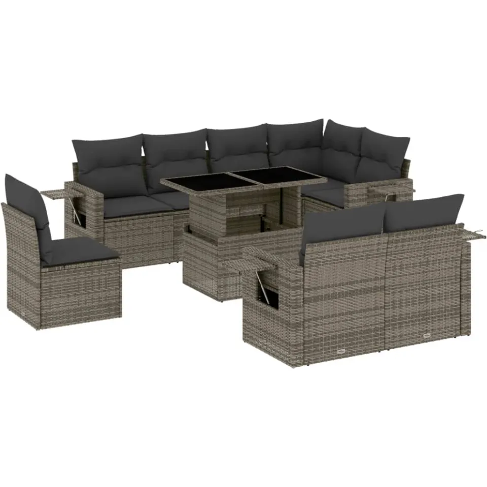vidaXL 9-delige Loungeset met kussens poly rattan grijs
