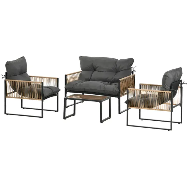 Sweiko Tuin loungeset - 4 stuks - Bank + 2 stoelen + tafel met glazen blad - Metalen frame + polyrotan - Grijs