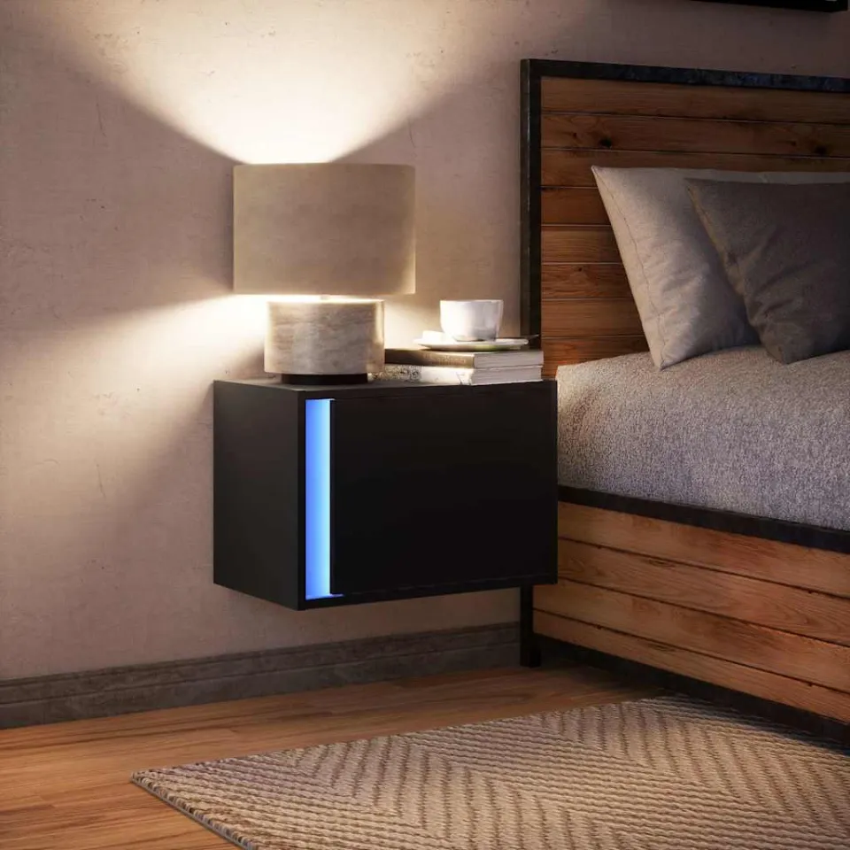 vidaXL Nachtkastje met LED's wandgemonteerd zwart, foto 4