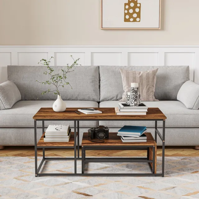 Yelenaro Salontafel Set van 2 - Houtlook - Metalen frame - Grote Tafel 105x52x48.5cm, Kleine Tafel 60x45x28cm- Bijzettafeltjes Woonkamer - Zwart + bruin