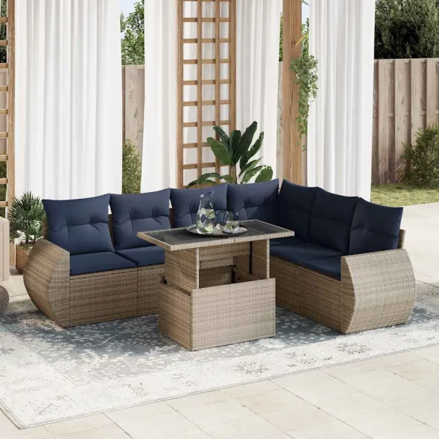 vidaXL 7-delige Loungeset met kussens poly rattan acacia grijs