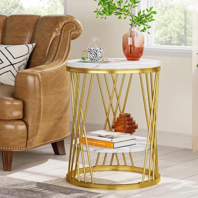 Tribesigns Ronde Bijzettafel - Industriële Bijzettafel met 2 Niveaus en Opbergruimte - Sidetable - industrieel nachtkastje voor Woonkamer, Slaapkamer - 45×45×60 cm - witgouden Bruin