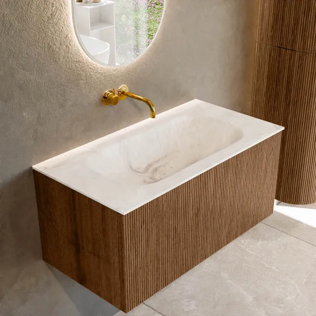 Mondiaz KURVE-DLUX 90 cm Onderkast Greeploos 1 Lade Zonder Deuren Walnut, Wastafel Solid Surface Midden Frappe 0 Kraangaten Zonder Spiegel (KRVBGS901L0D0KM-Wal/Fra)